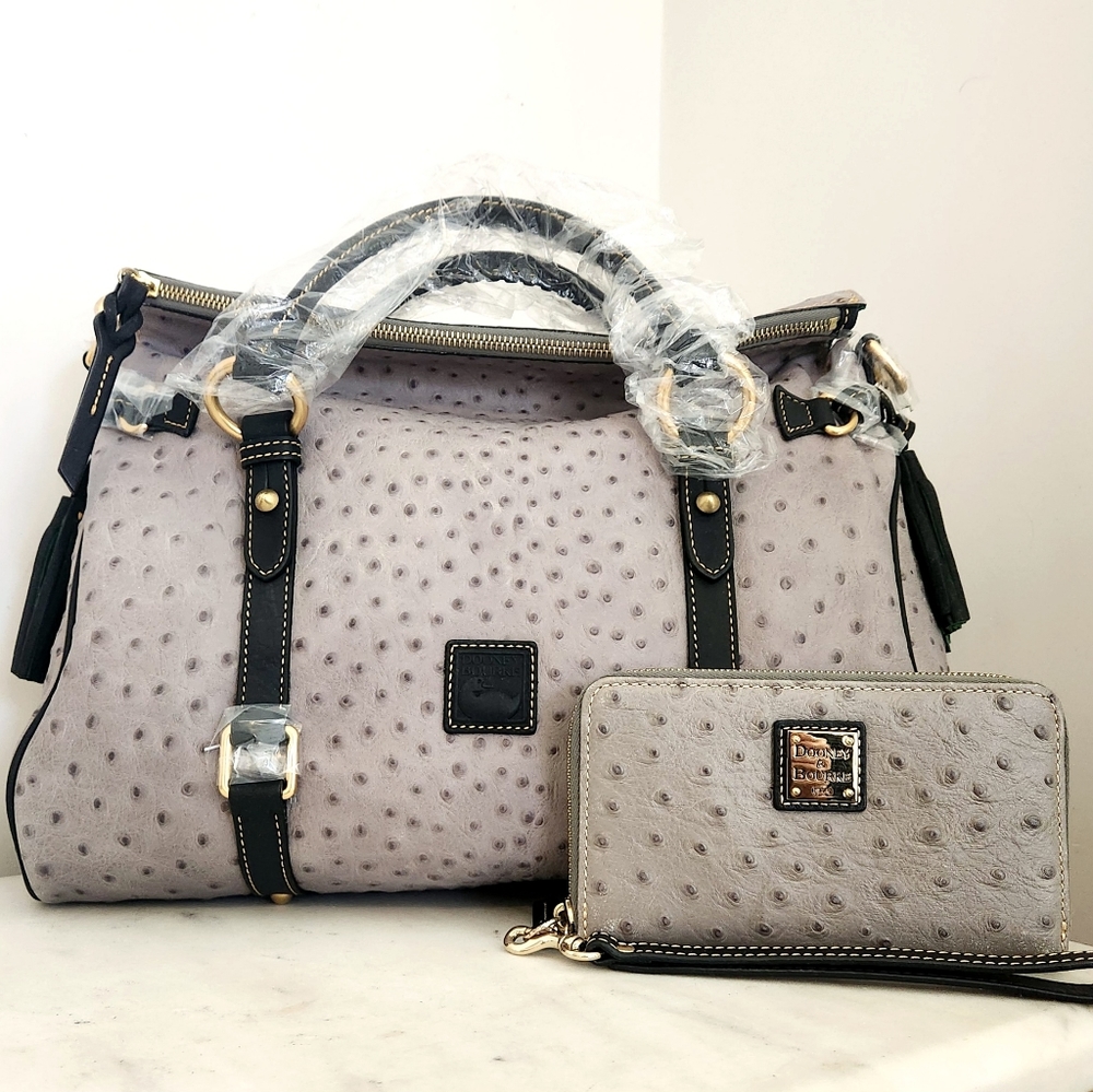 Rare Dooney and Bourke Grey and Black Ostrich Embossed Leather Satchel & Wallet